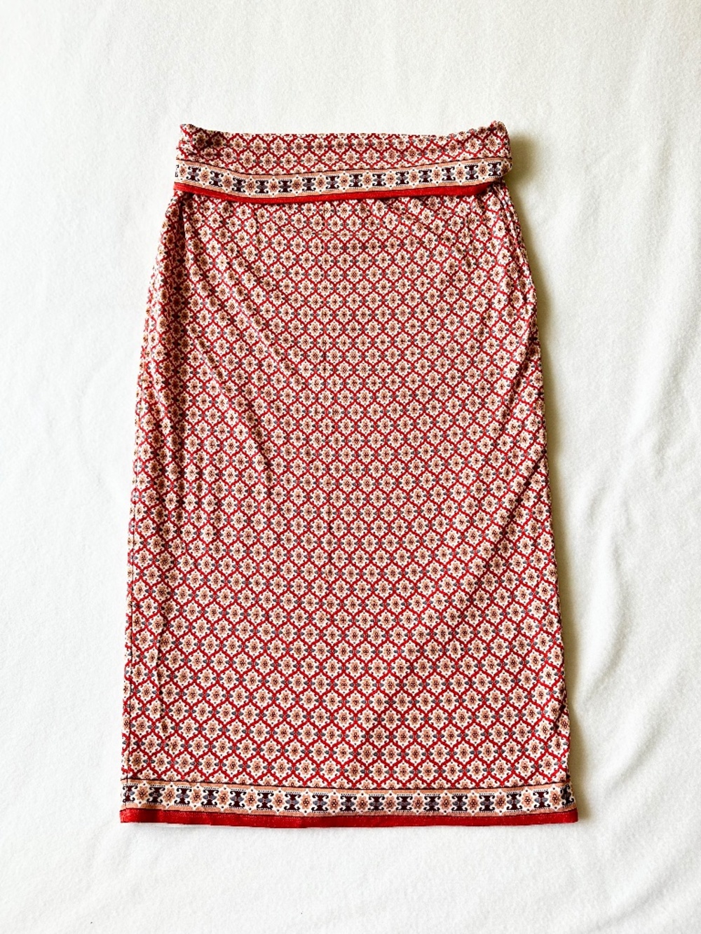 Max Studio Women Printed Midi Skirt Large Orange Floral Fitted Stretch